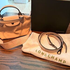 Longchamp nude XS Leather Le Pliage Crossbody with Detachable Strap